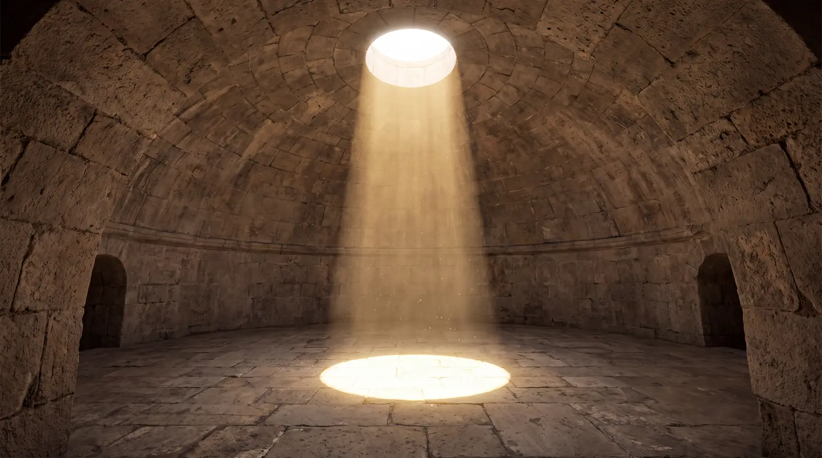 Un fascicul de lumină cade printr-o deschidere din bolta unei încăperi de piatră (imagine generată cu AI).